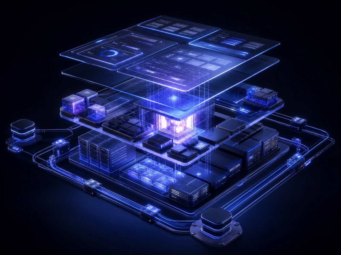 Layered digital architecture representing full-stack development